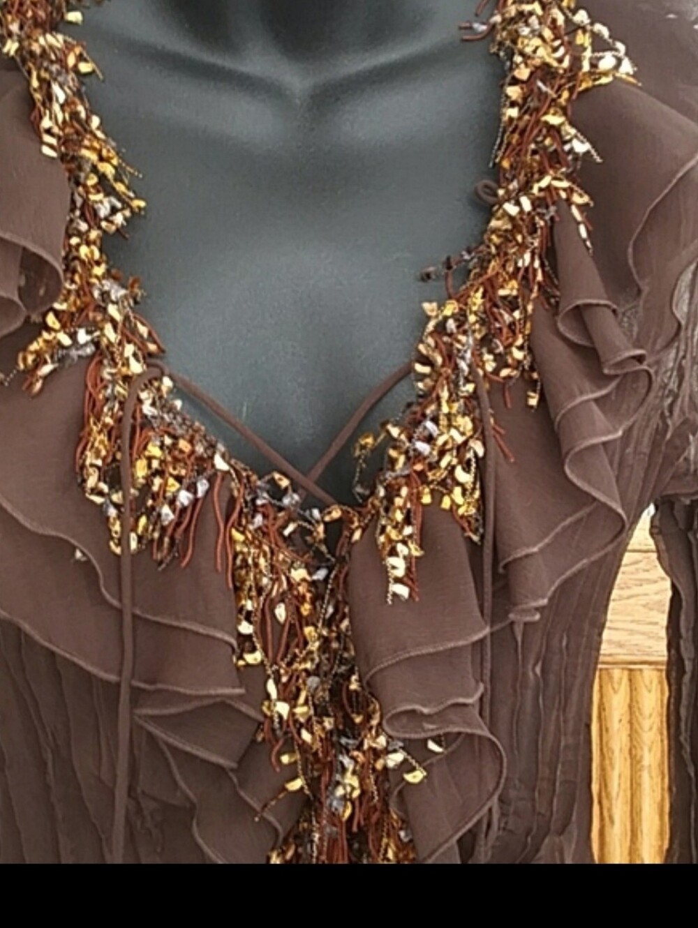 Cache ruffle front,chocolate, top.Sz.S - Picture 2 of 7